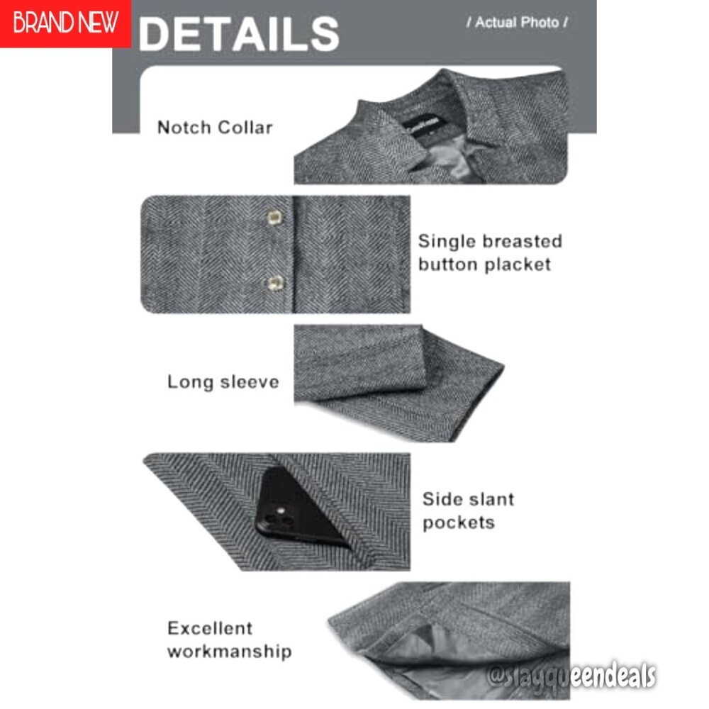 Wool Blend Herringbone Blazer Slim Fit Business Casual Jacket - Picture 5 of 6